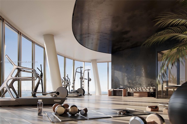 workout area featuring floor to ceiling windows