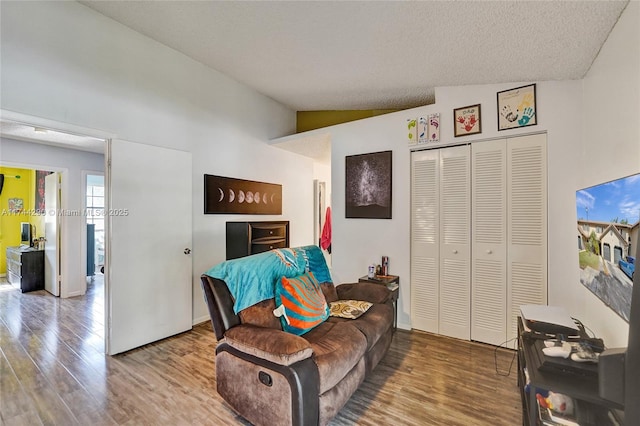 9007 Vineyard Lake Dr Unit 9007, Plantation, FL 33324 - living room with lofted ceiling, hardwood / wood-style floors, and a textured ceiling