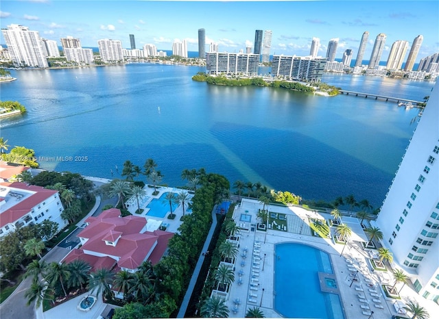 drone / aerial view featuring a water view