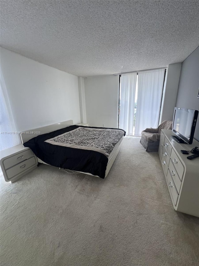 bedroom with light carpet and a textured ceiling