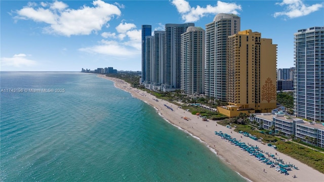 bird's eye view featuring a water view and a beach view