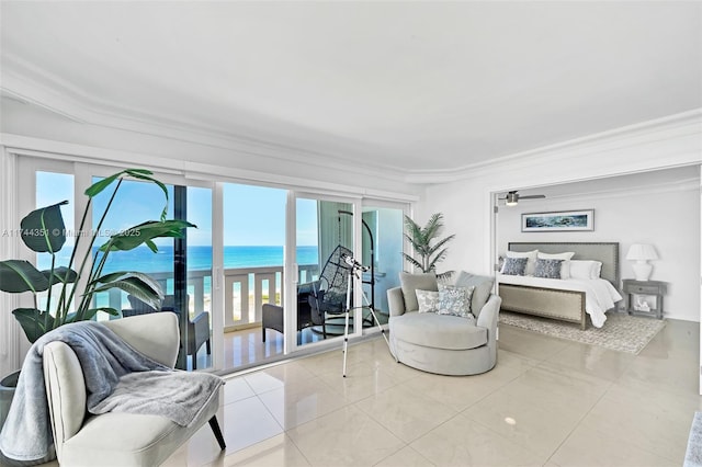 1012 N Ocean Blvd Unit 701, Pompano Beach, FL 33062 - tiled living area with a water view, ornamental molding, and healthy amount of natural light