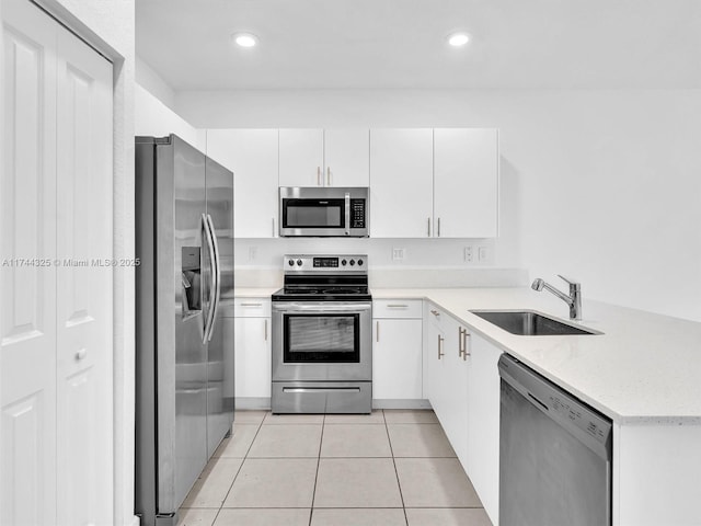 kitchen featuring white cabinetry, stainless steel appliances, kitchen peninsula, and sink