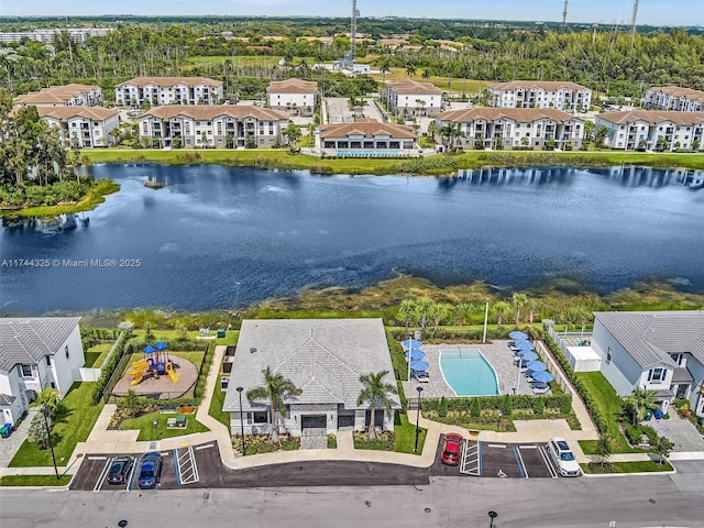 drone / aerial view featuring a water view