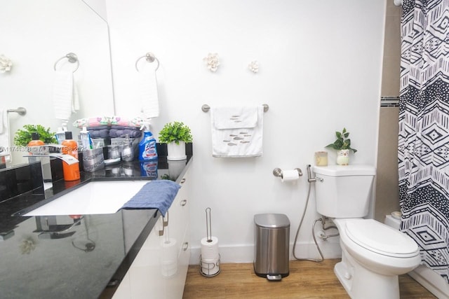 bathroom featuring vanity, wood-type flooring, and toilet