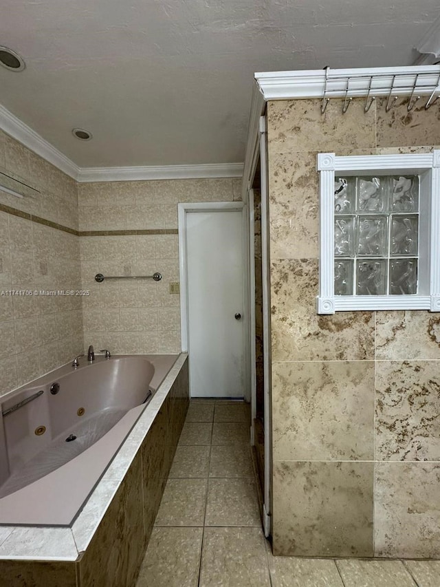 10800 NW 7th St Unit 3B, Miami, FL 33172 - bathroom with a tub with jets, crown molding, and tile patterned floors