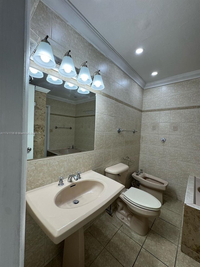 10800 NW 7th St Unit 3B, Miami, FL 33172 - bathroom featuring tile walls, a sink, ornamental molding, and toilet
