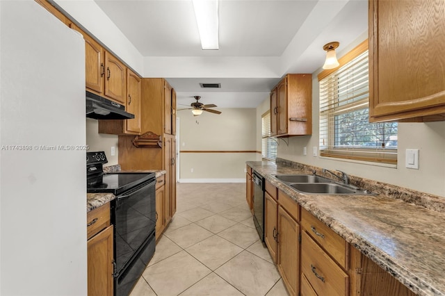 kitchen featuring sink, black appliances, ceiling fan, and light tile patterned flooring