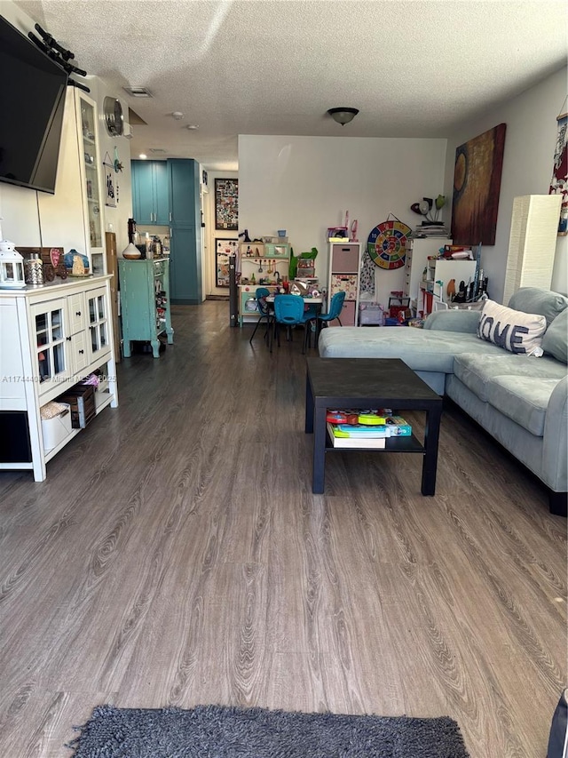 living room with hardwood / wood-style floors and a textured ceiling