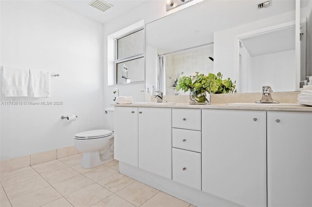 full bath featuring toilet, double vanity, visible vents, and a sink