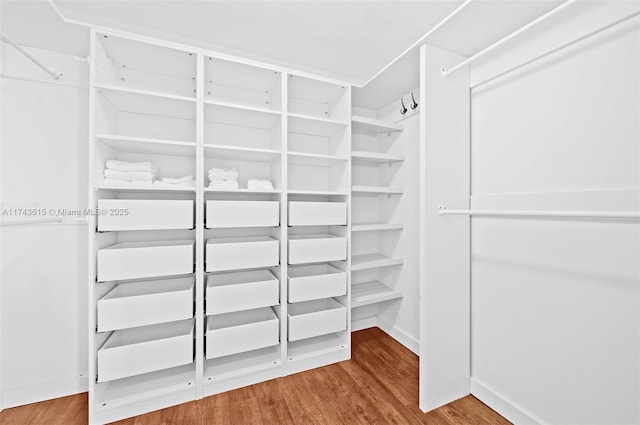 walk in closet with wood finished floors