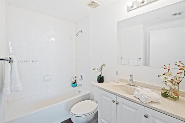 full bath with toilet, visible vents, shower / bathing tub combination, and vanity