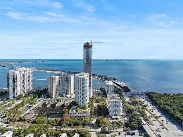 aerial view featuring a water view and a city view