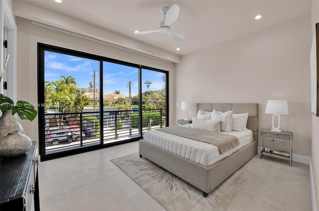 bedroom with access to exterior, light tile patterned floors, and ceiling fan