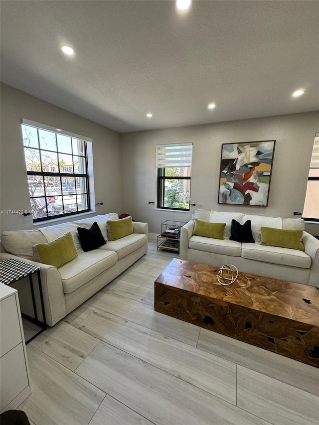 living room with a textured ceiling and light wood-type flooring