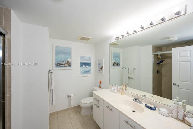 full bath featuring visible vents, toilet, tile patterned floors, vanity, and a stall shower