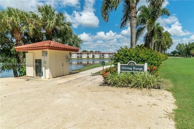 view of outdoor structure with a water view