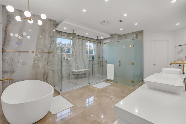 bathroom featuring independent shower and bath, vanity, and radiator heating unit