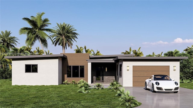 view of front of house featuring driveway, a front lawn, an attached garage, and stucco siding