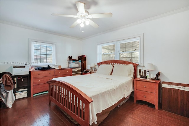 bedroom featuring multiple windows, crown molding, and dark hardwood / wood-style flooring