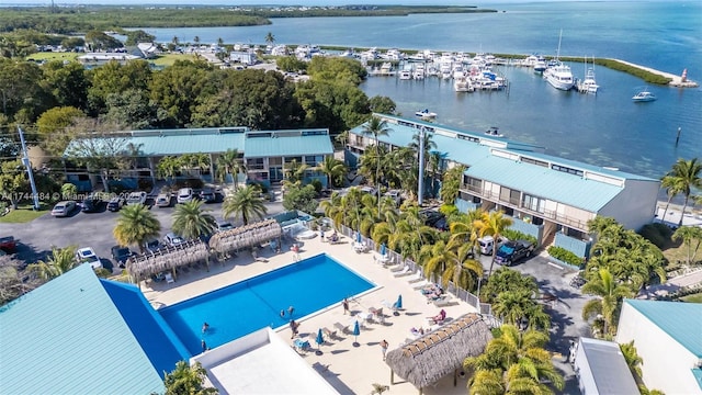 drone / aerial view featuring a water view