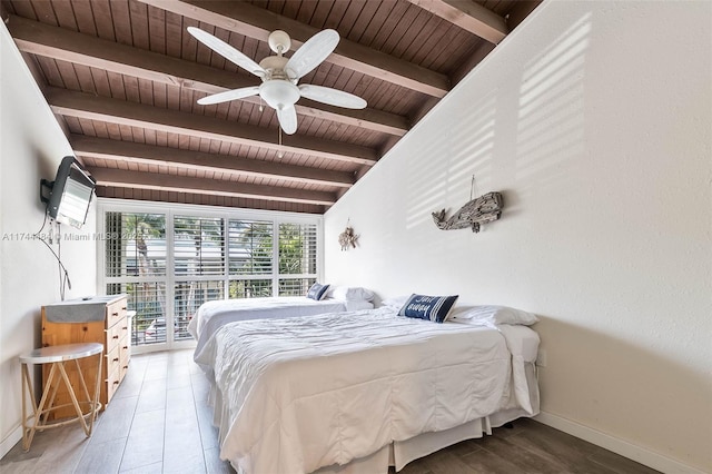 bedroom featuring beamed ceiling, wood-type flooring, access to outside, ceiling fan, and wood ceiling