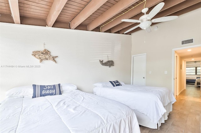 bedroom featuring vaulted ceiling with beams, wooden ceiling, and ceiling fan