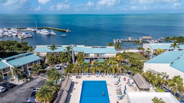 aerial view featuring a water view