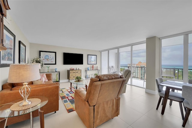 tiled living room with expansive windows