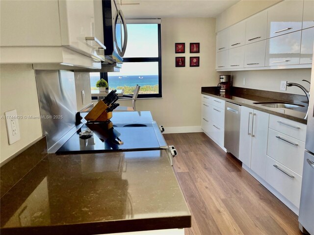 936 Intracoastal Dr Unit 20E, Fort Lauderdale, FL 33304 - kitchen with white cabinets, modern cabinets, wood finished floors, stainless steel appliances, and a sink