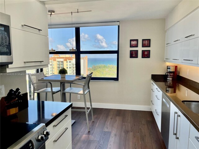 936 Intracoastal Dr Unit 20E, Fort Lauderdale, FL 33304 - kitchen with white cabinetry, stainless steel appliances, baseboards, dark countertops, and dark wood-style flooring
