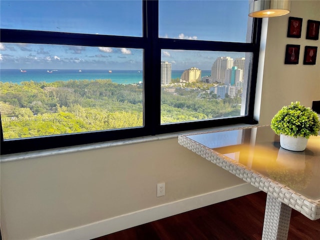 interior details with hardwood / wood-style flooring and a water view