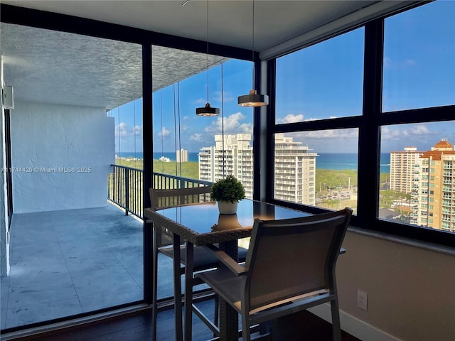 interior space with a water view