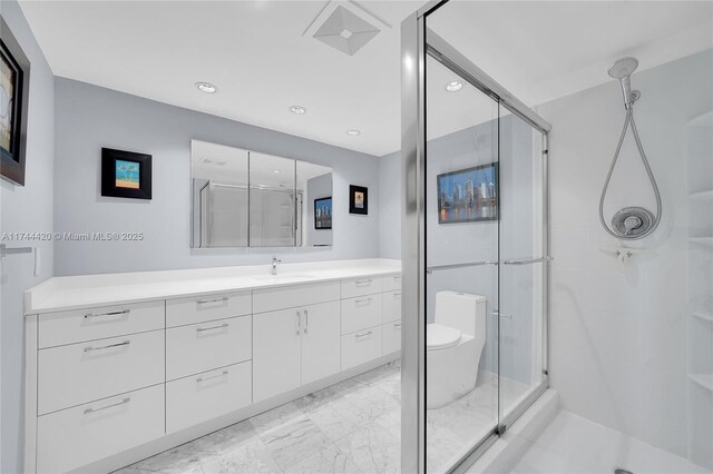 936 Intracoastal Dr Unit 20E, Fort Lauderdale, FL 33304 - bathroom with vanity, recessed lighting, toilet, marble finish floor, and a stall shower