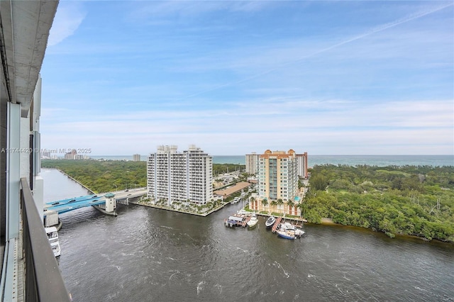 birds eye view of property with a water view