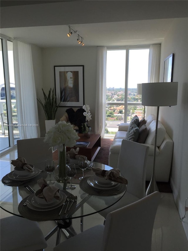 dining area featuring track lighting