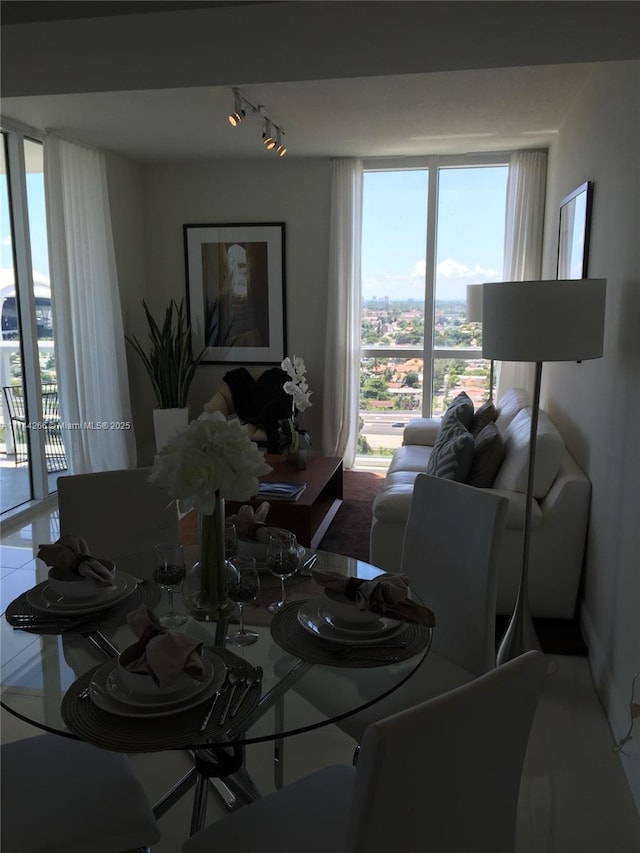 dining room featuring rail lighting