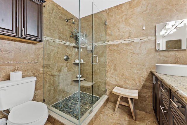 bathroom with toilet, tile walls, a shower with shower door, and vanity