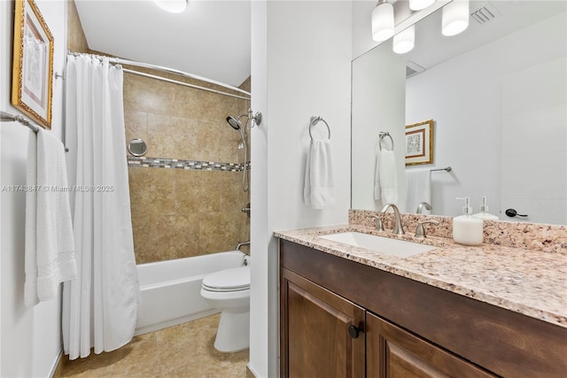 full bathroom with toilet, shower / bath combo with shower curtain, tile patterned floors, and vanity