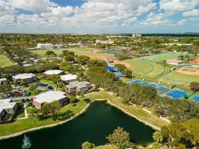 drone / aerial view with a water view