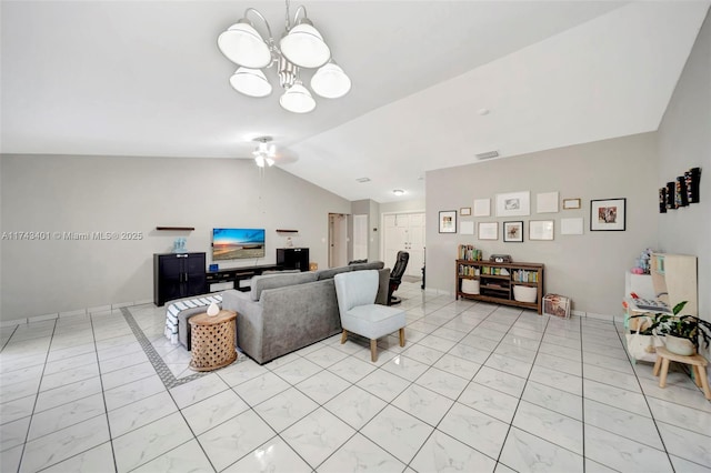 living room featuring vaulted ceiling and a chandelier