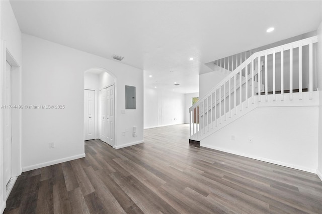 spare room featuring dark hardwood / wood-style floors and electric panel