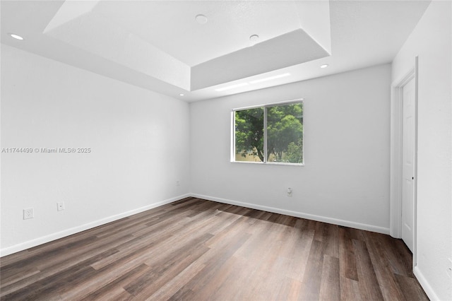 empty room with hardwood / wood-style flooring and a raised ceiling