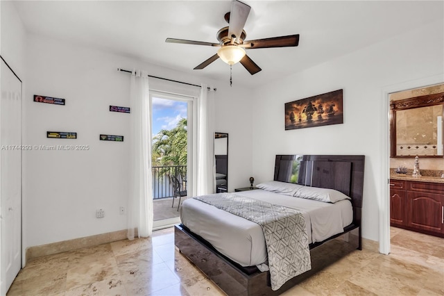 bedroom featuring ceiling fan, access to outside, and ensuite bath