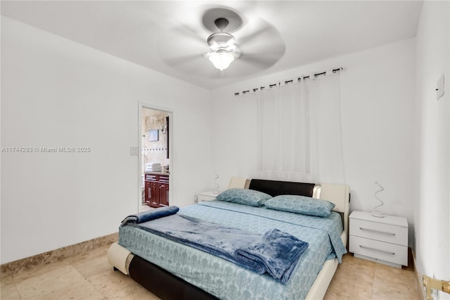 bedroom with light tile patterned flooring and ceiling fan