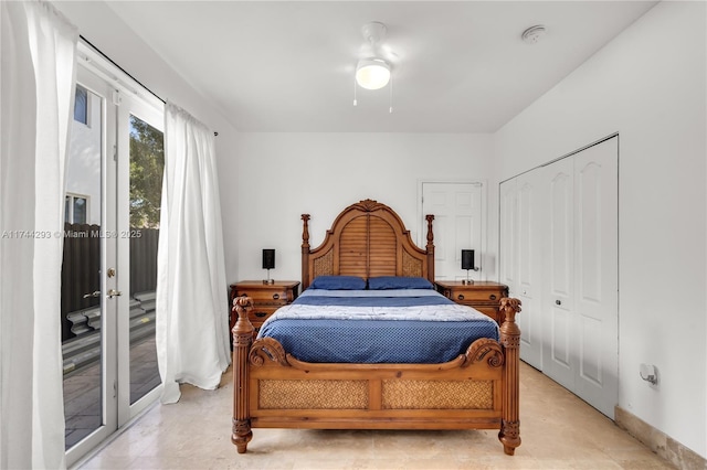 bedroom with french doors, ceiling fan, a closet, and access to outside