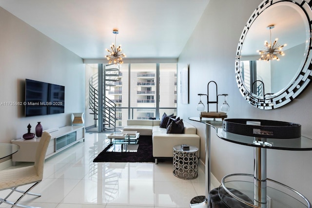 living room featuring expansive windows, a chandelier, and light tile patterned floors