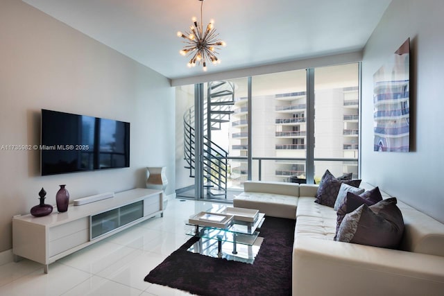 living room featuring an inviting chandelier, a wall of windows, and light tile patterned flooring