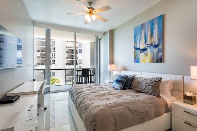 bedroom with expansive windows, light tile patterned floors, and multiple windows