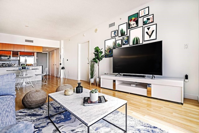 living room with light hardwood / wood-style floors and a textured ceiling